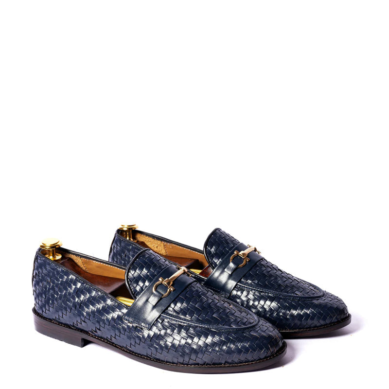 Pure Leather Weaved Horsebit Buckled Blue Loafer