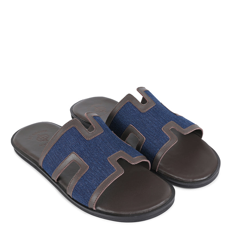 Luxury H-Style Leather Blue/Brown Slipper For Men