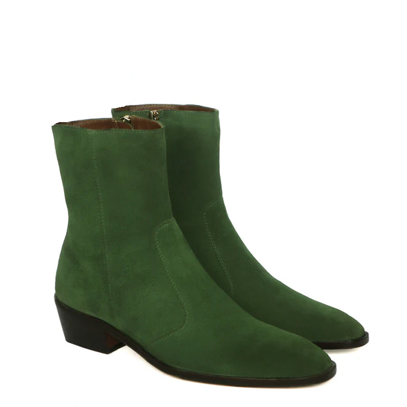 Luxury Cuban Heel High Ankle Green Suede Leather Zipper Boots