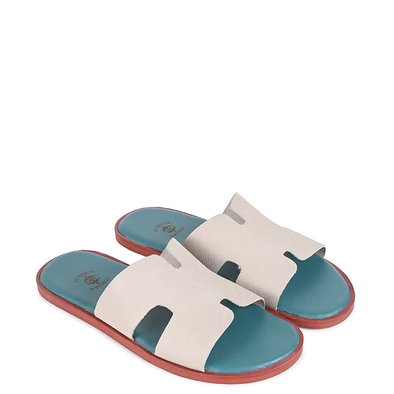 Luxury H-Style Leather Beige Slipper For Men