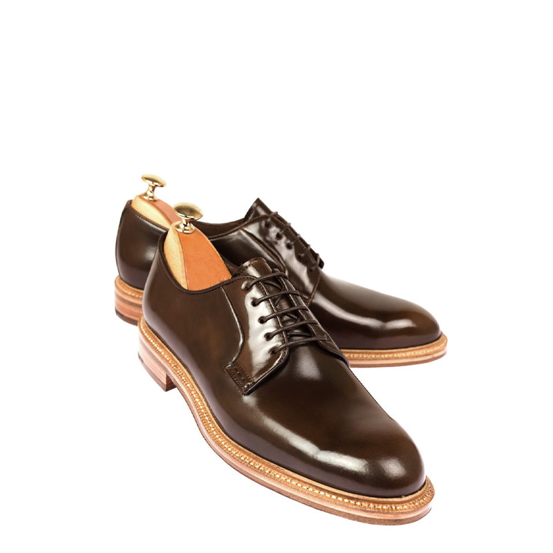 Plain Toe Shiny Leather Pure Handmade Derby Shoes
