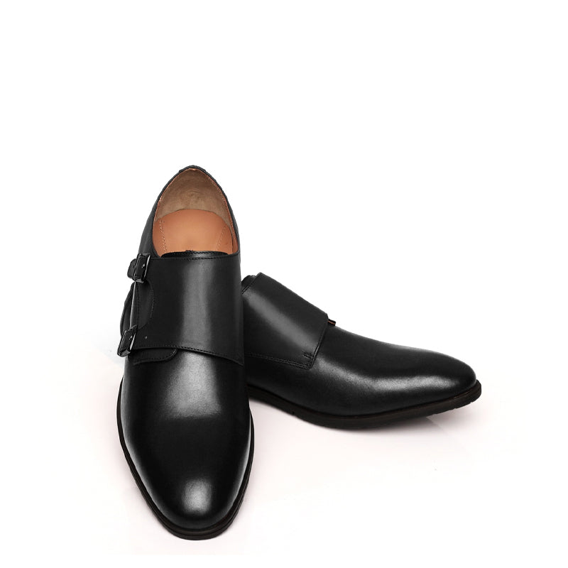 Leather Double Monk Strap Grey and Black Shoe For Men