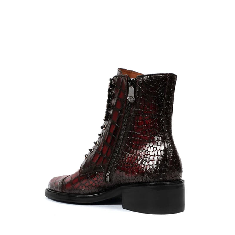 Croco Leather Lace-Up High Ankle Boot Burgundy