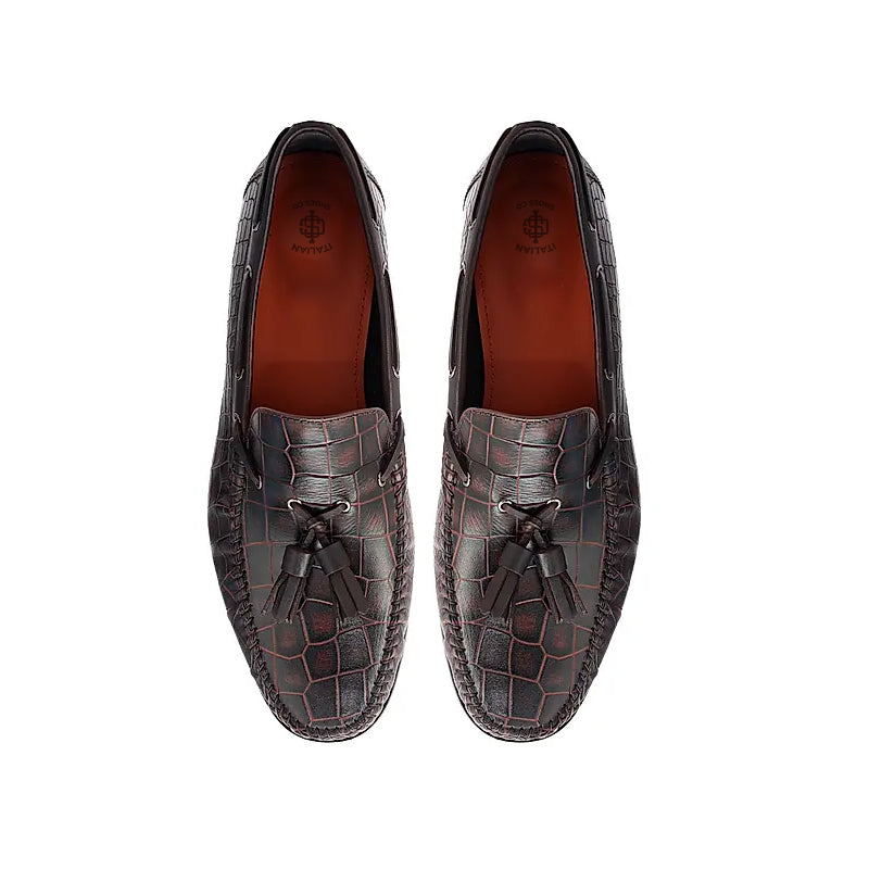 Crocodile Pattern Side Lacing Leather Tassel Loafer Burgundy