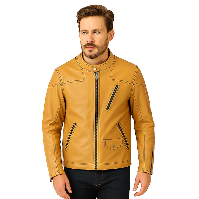 Men’s Zip-Up Vintage Burgundy Biker Jacket with Stand Collar & Pockets