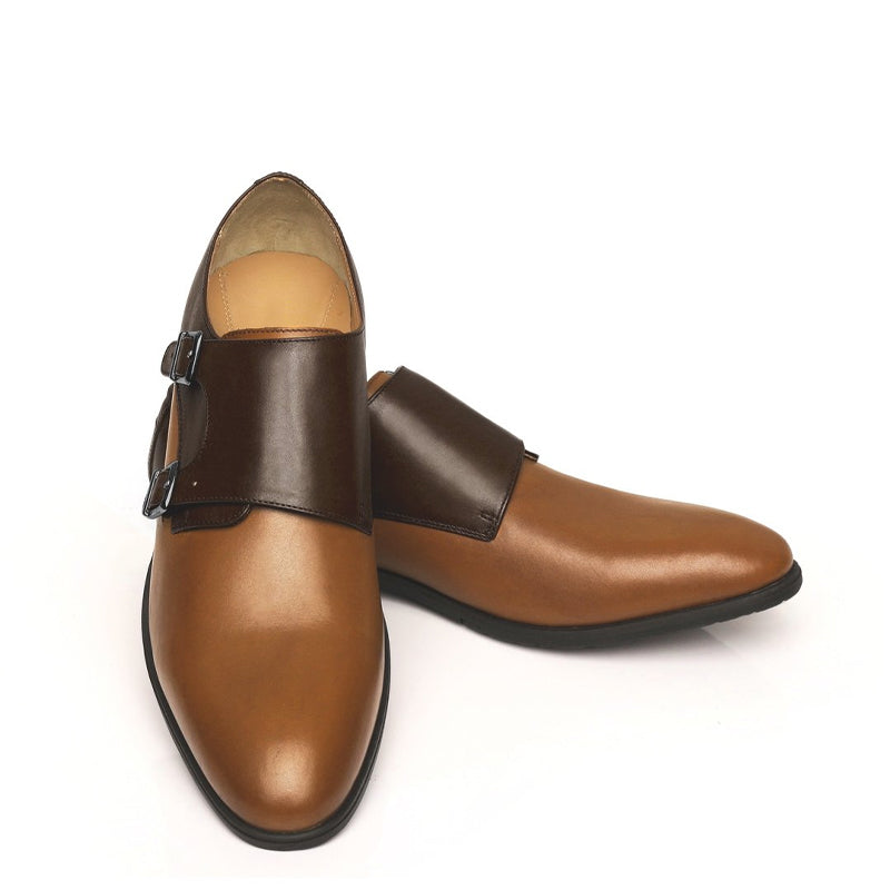 Leather Double Monk Strap Tan and Brown Shoe For Men
