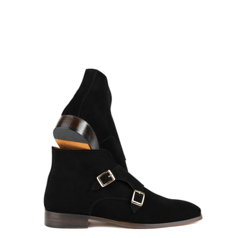 Luxury Suede Leather Double Buckle Ankle Boot Maroon