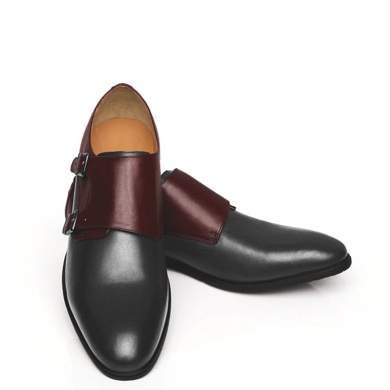 Leather Double Monk Strap Burgundy and Black Shoe For Men