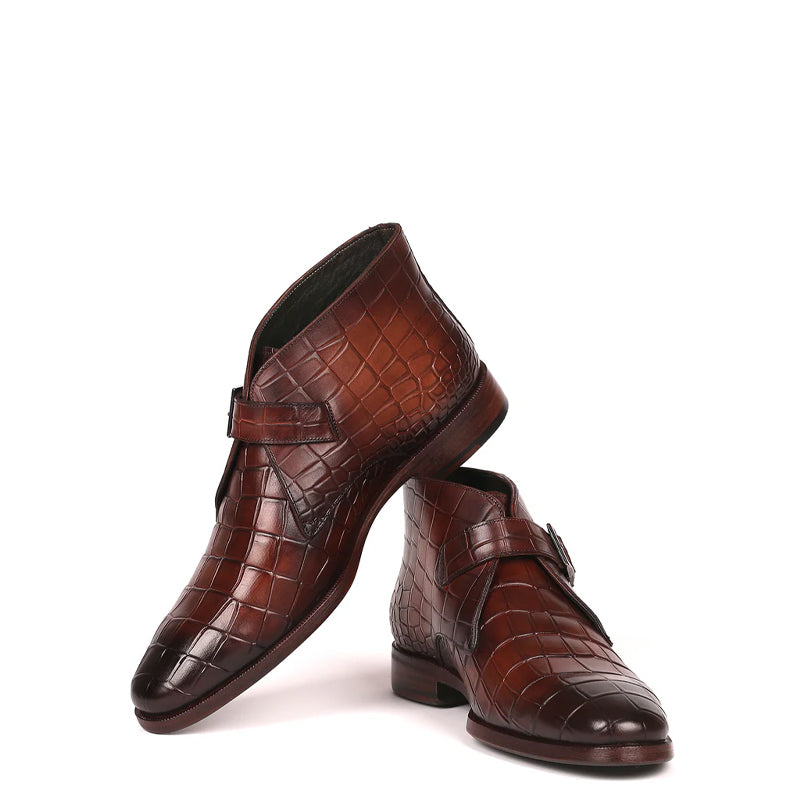 Single Monk Straps Croco Print Leather Ankle Boot Brown