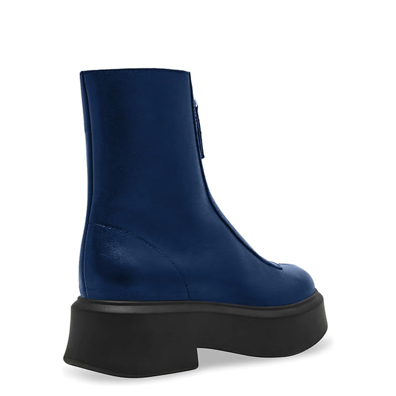 Premium Row Zipped-Front Leather Blue Ankle Boot
