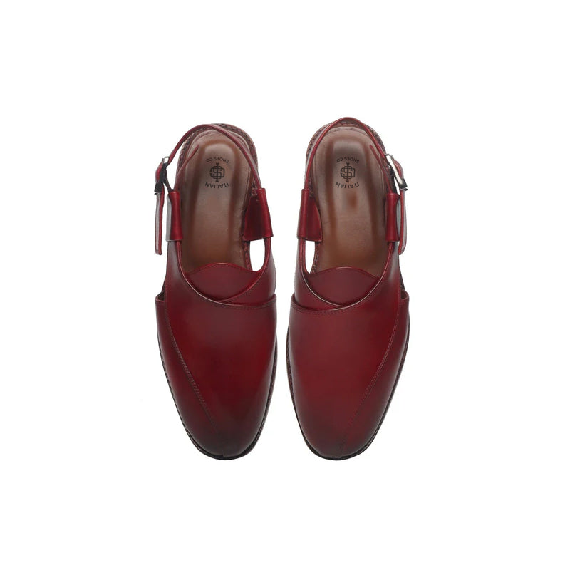 Cross Strap Slip-On Leather Peshawari Burgundy Sandal