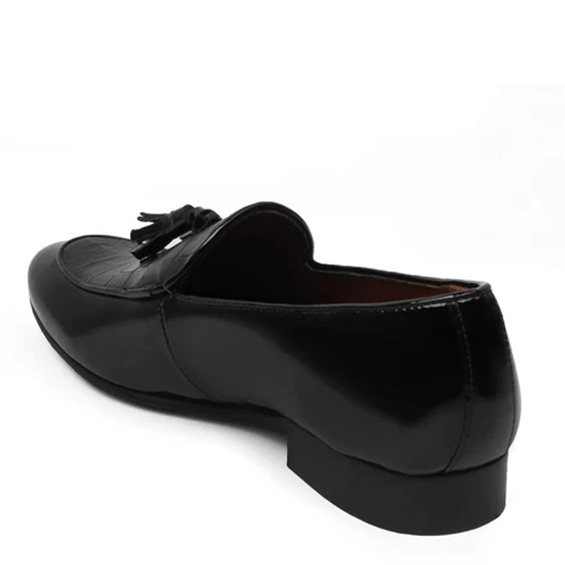 Croco Leather Tassel Black Loafer With Deep Cut