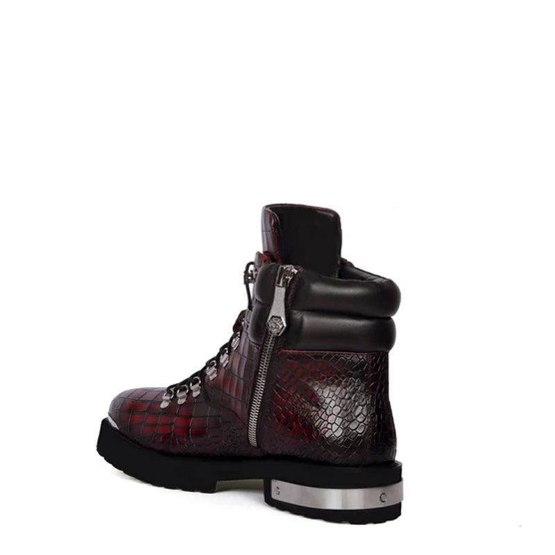 Croco Deep Cut Leather Lace-UP Ankle Boot Burgundy