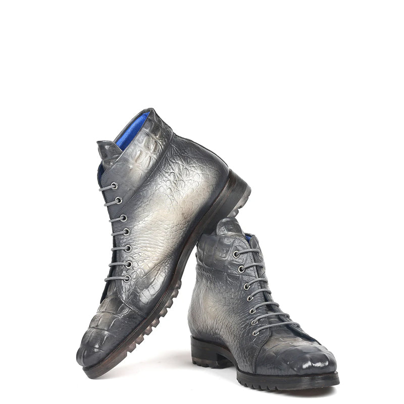 Hand-Painted Croco Print Leather Lace-Up Boot Burgundy