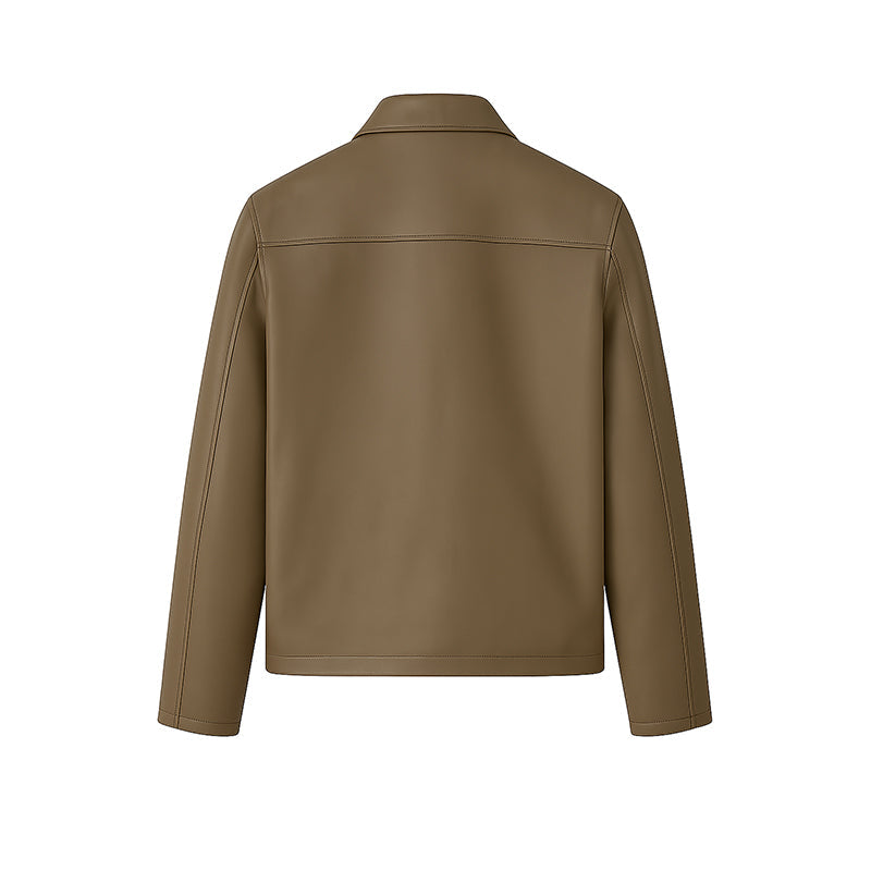 Men's Plain Casual Black Leather Jacket with Collar