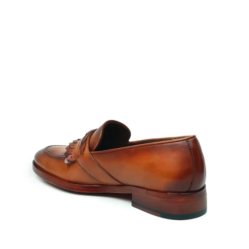 Pure Handmade Solid Tan Leather Loafer With Fringe