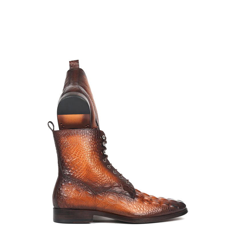 Croco Embossed Leather Lace-Up Ankle Boots