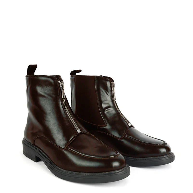 Polished Leather Front Zip-Up Brown Boot For Men