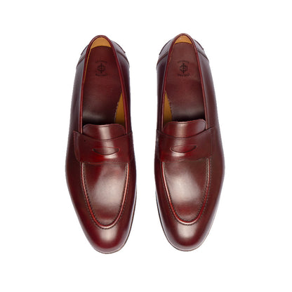 Plain Polished Leather Penny Burgundy Loafer For Men