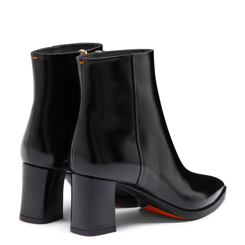 Polished Leather Mid-Heel Side-Zipper Black Boot