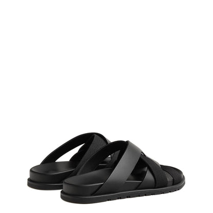 Men Textured Leather Comfort Black/Green Sandal