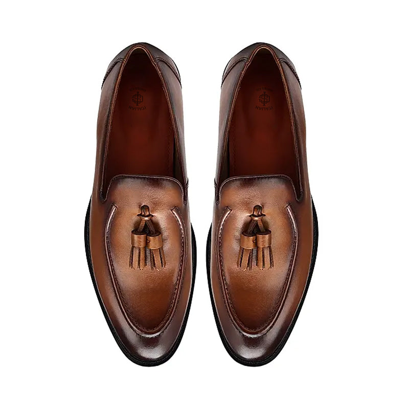 Pure Solid Leather Tassel Burgundy Loafer
