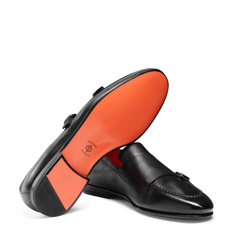 Men Blue Polished Double Buckle Leather Loafer