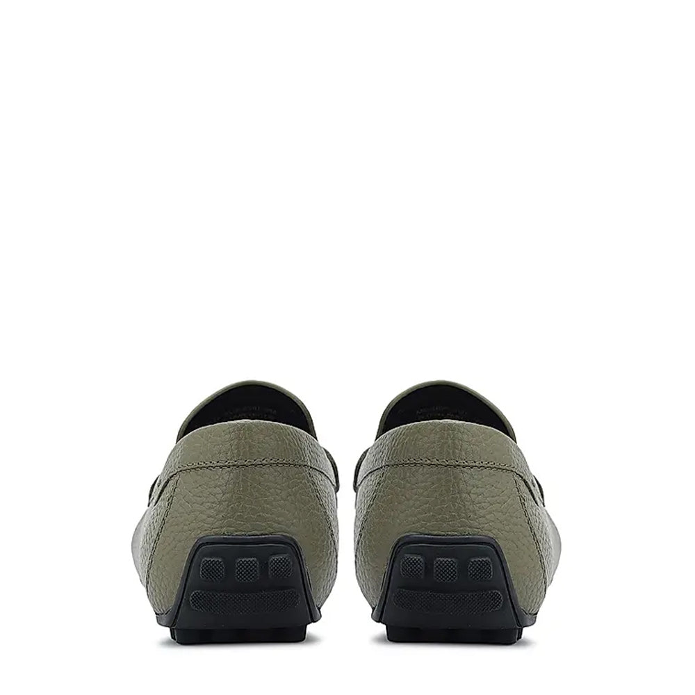 Men Textured Leather Driving Olive Green Loafer