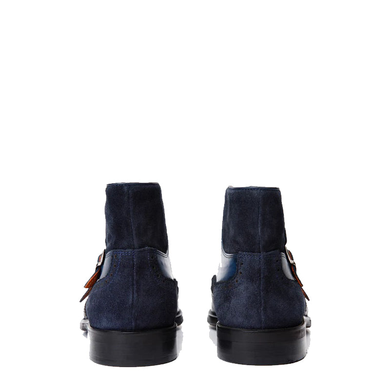 Blue Suede Leather Double Strap Monk Brogue Men Boot