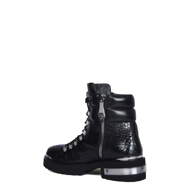 Croco Deep Cut Leather Lace-UP Ankle Boot Burgundy