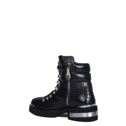 Croco Deep Cut Leather Lace-UP Ankle Boot Burgundy