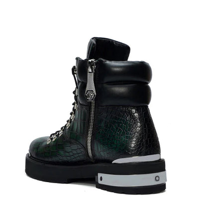 Croco Deep Cut Leather Lace-UP Ankle Boot Burgundy