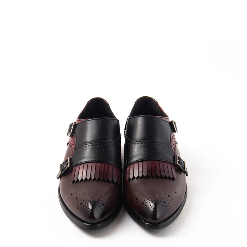 Classic Double Monk Strap Brown/Black/Burgundy Shoe With Fringe