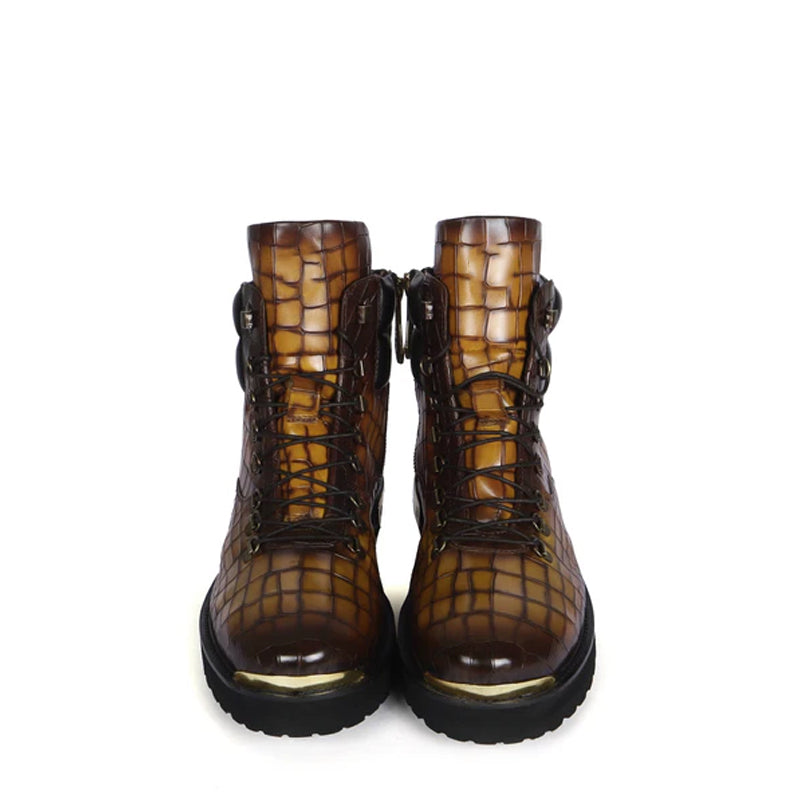 Croco Deep Cut Leather Lace-UP Ankle Boot Tan