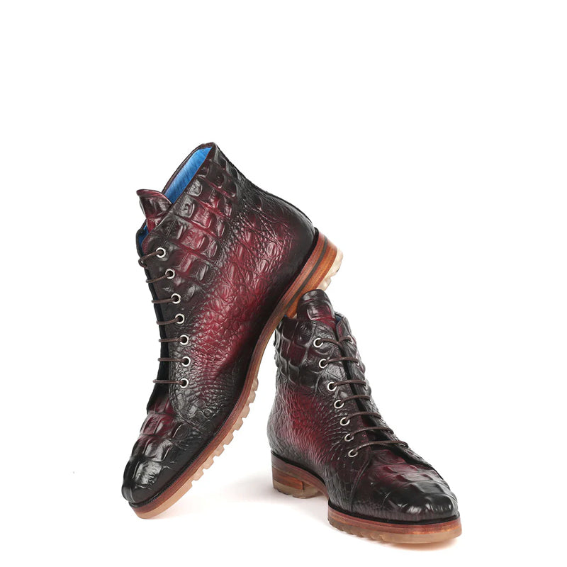 Hand-Painted Croco Print Leather Lace-Up Boot Burgundy