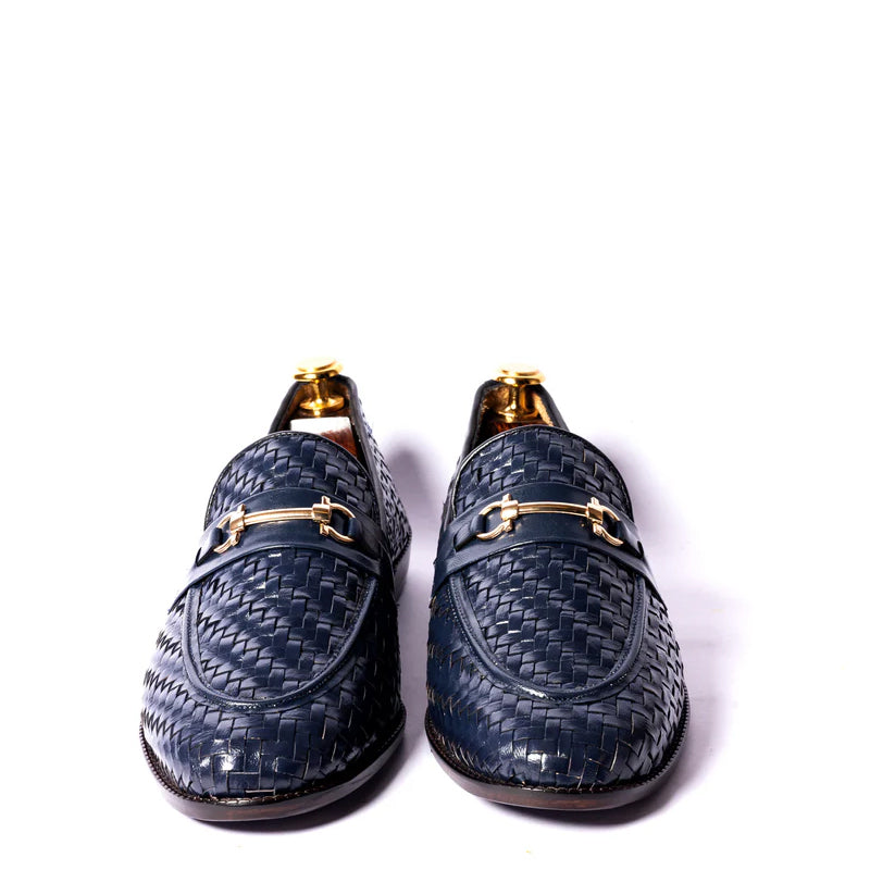 Pure Leather Weaved Horsebit Buckled Blue Loafer