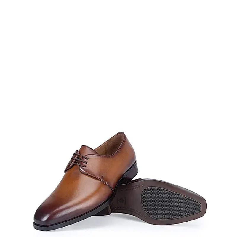 Plain Solid Leather Lace-Up Formal Derby Shoe Tan