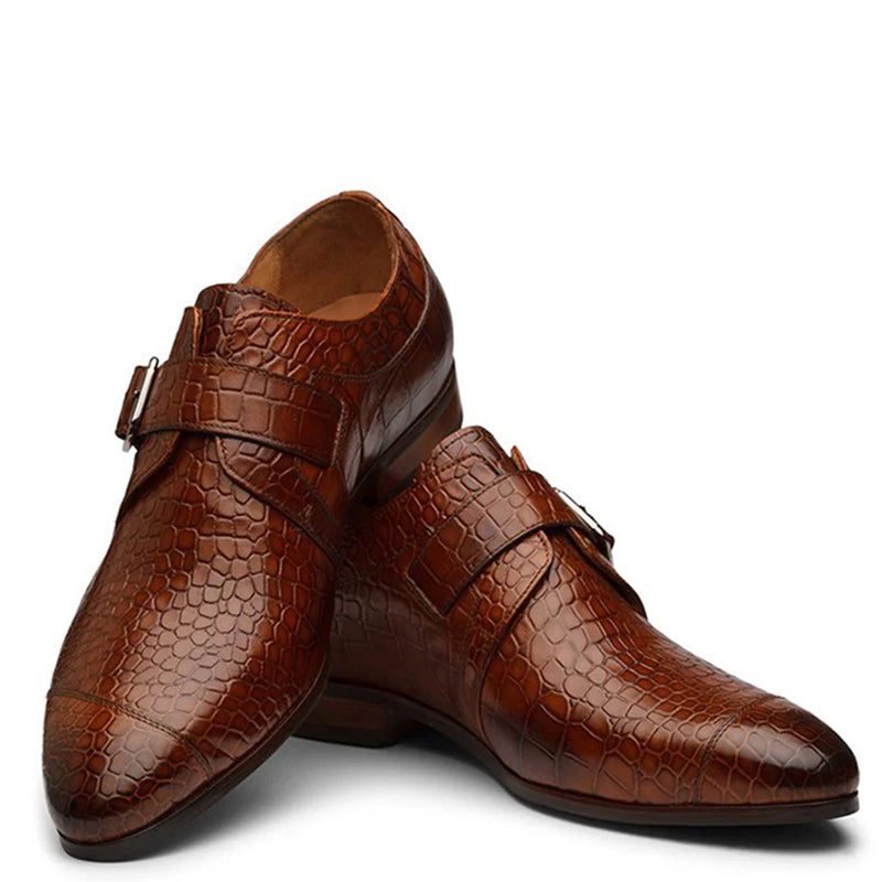 Crocodile Print Leather Single MonkStraps Shoe Brown