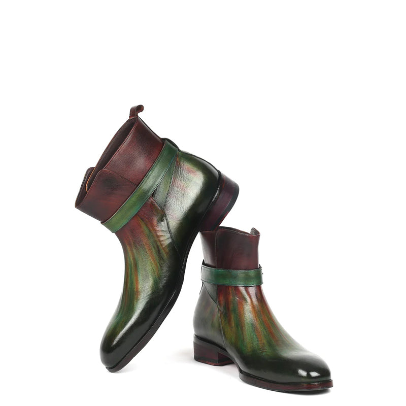 Hand Painted Leather Green and Burgundy Jodhpur Boot With Buckle