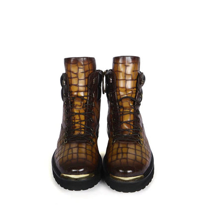 Croco Deep Cut Leather Lace-UP Ankle Boot Burgundy