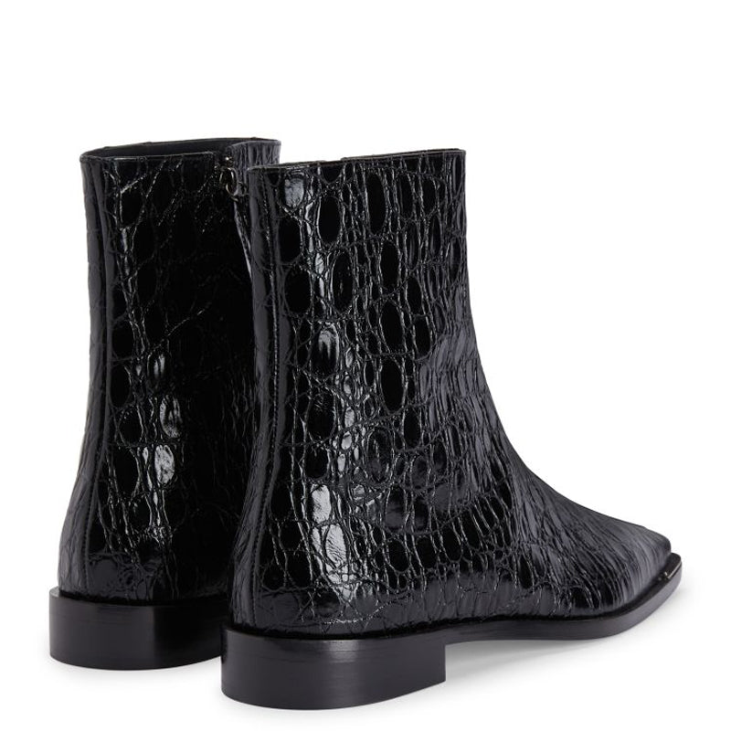Croco Effect Mid-Top Leather Side Zipper Boot Black