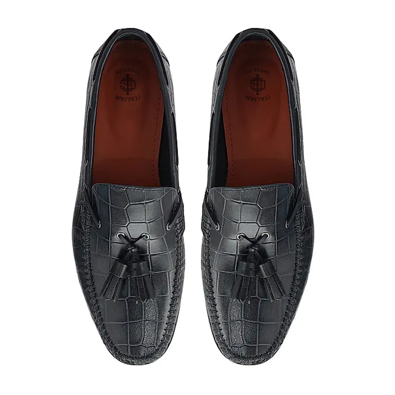 Crocodile Pattern Side Lacing Leather Tassel Loafer Burgundy