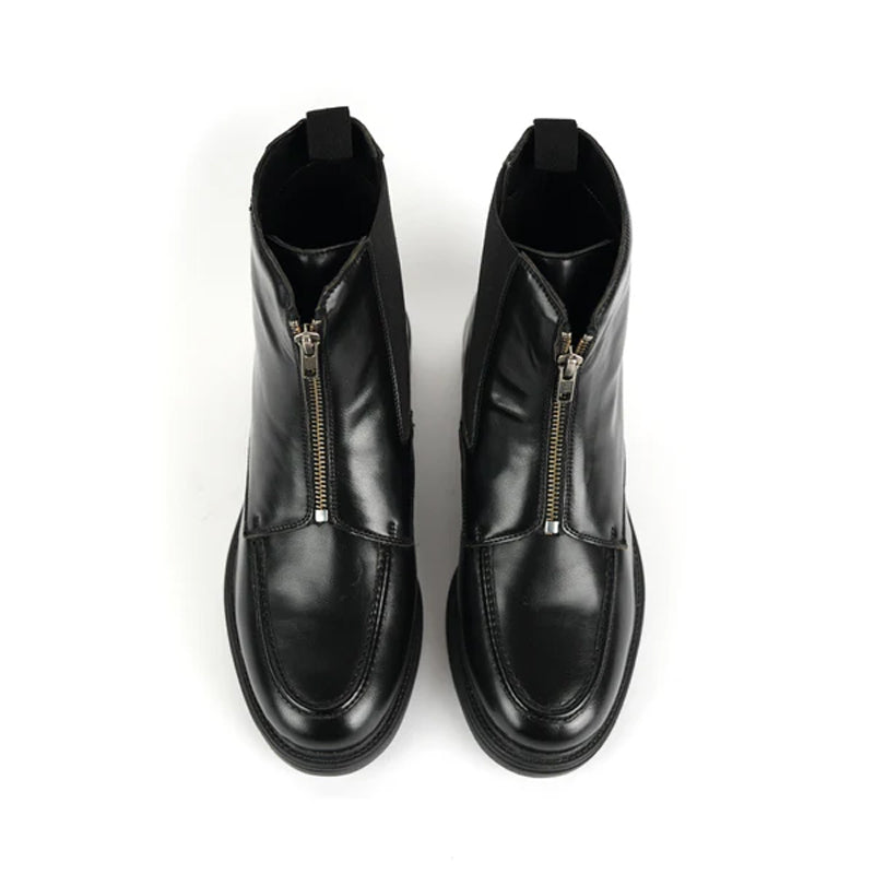 Polished Leather Front Zip-Up Black Boot For Men