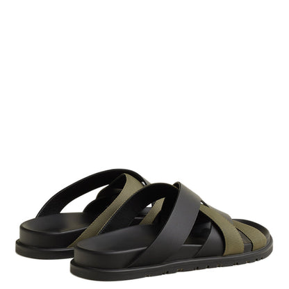 Men Textured Leather Comfort Black/Green Sandal