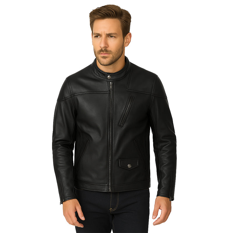 Men’s Zip-Up Vintage Brown Biker Jacket with Stand Collar & Pockets