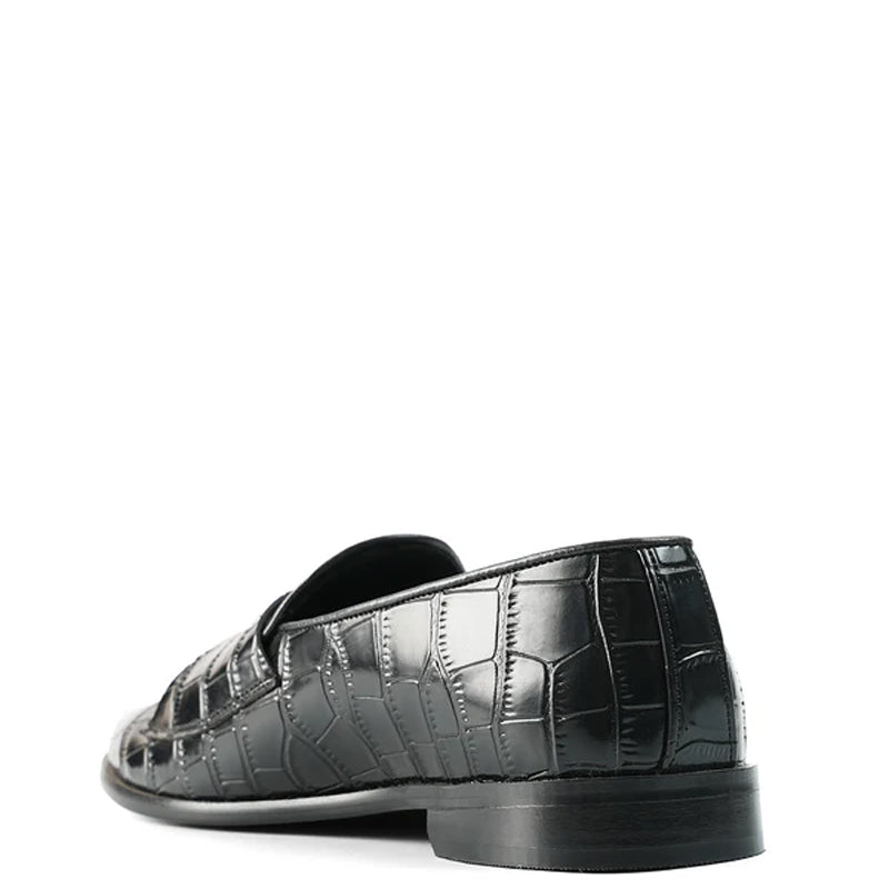 Croco Print Leather Stylish Grey Loafer With Side Hook