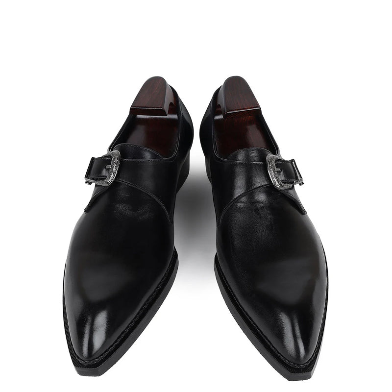 Plain Leather Single Monk Black Shoe With Side Buckle