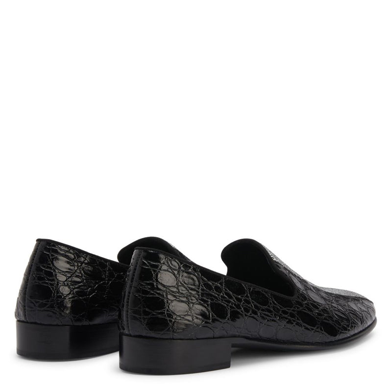 Croco Textured Handmade Design Leather Fashion Black Loafer