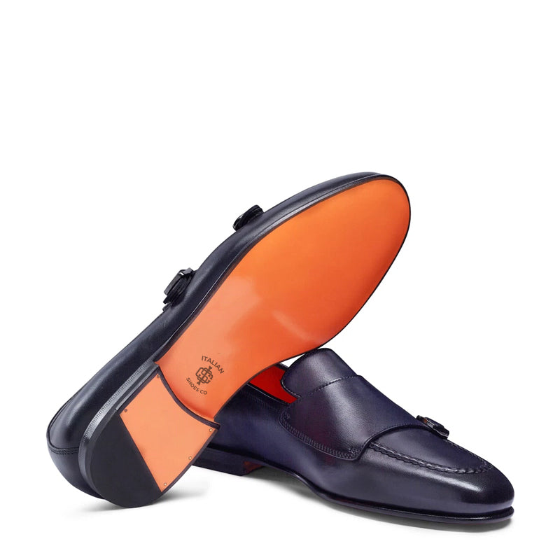 Men Black Polished Double Buckle Leather Loafer