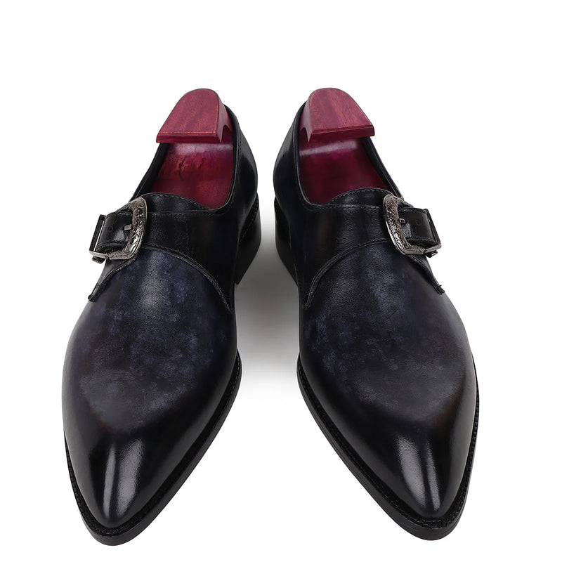 Plain Leather Single Monk Black Shoe With Side Buckle